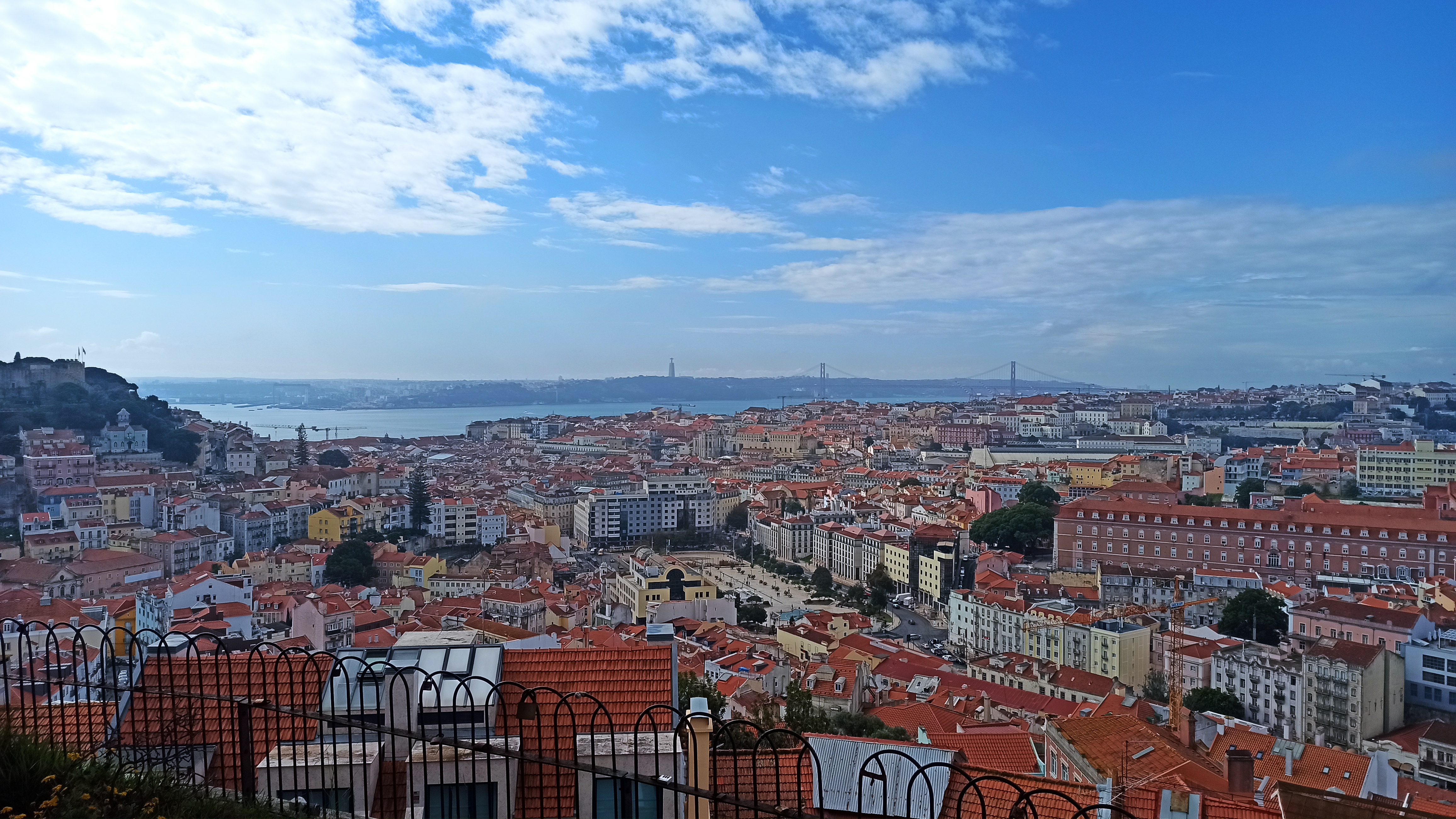 Panoramic view of Lisbon's terracotta rooftops, the Tagus River and the 25 de Abril bridge from a hilltop miradouro